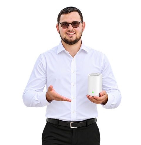 David holding a white mesh router with a green status light